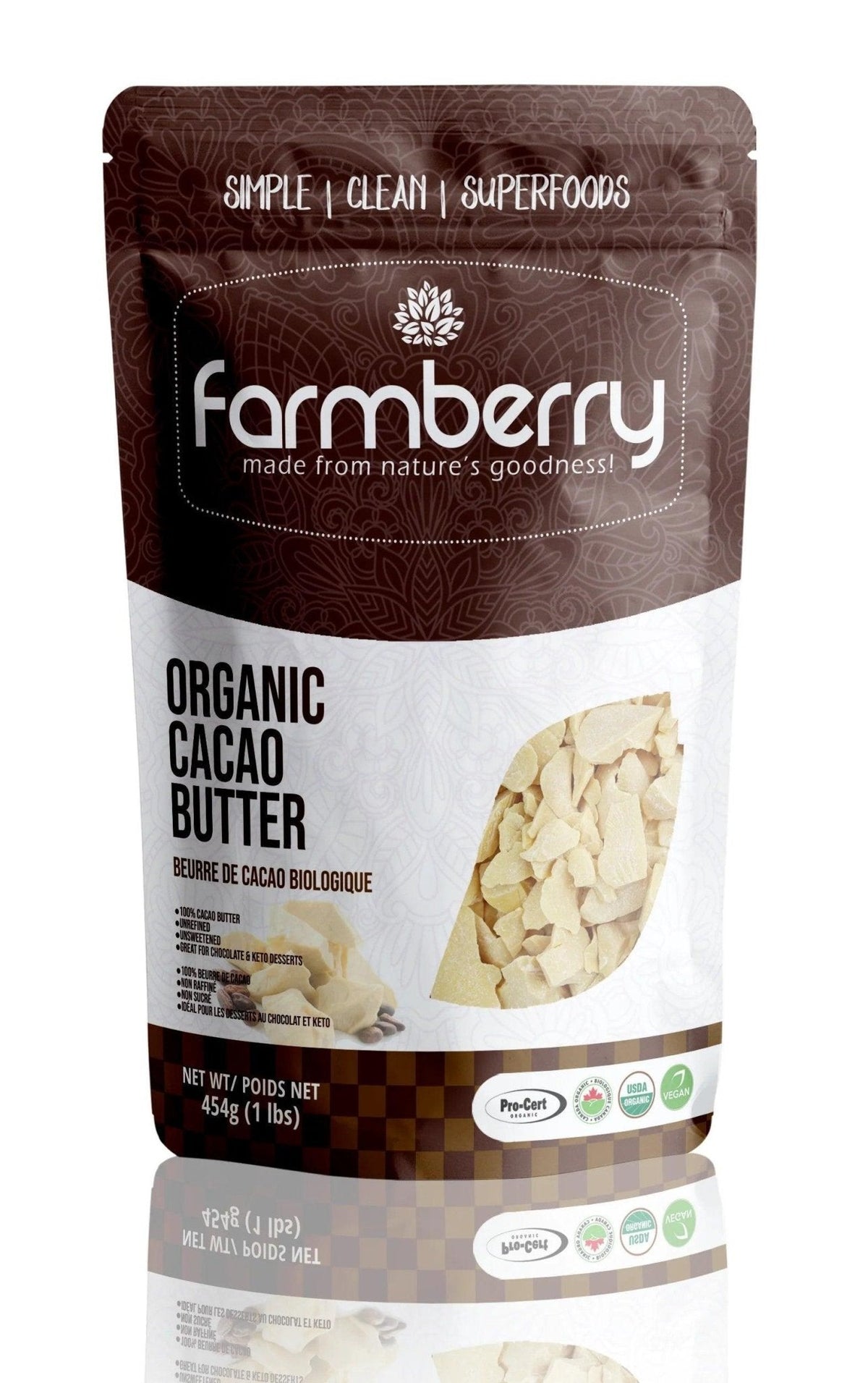 Farmberry Organic Cacao Butter 454g - Made From 100% Organic Cacao Beans, Keto Friendly Creamy Cacao Butter, Smooth in Texture and Easy to Melt