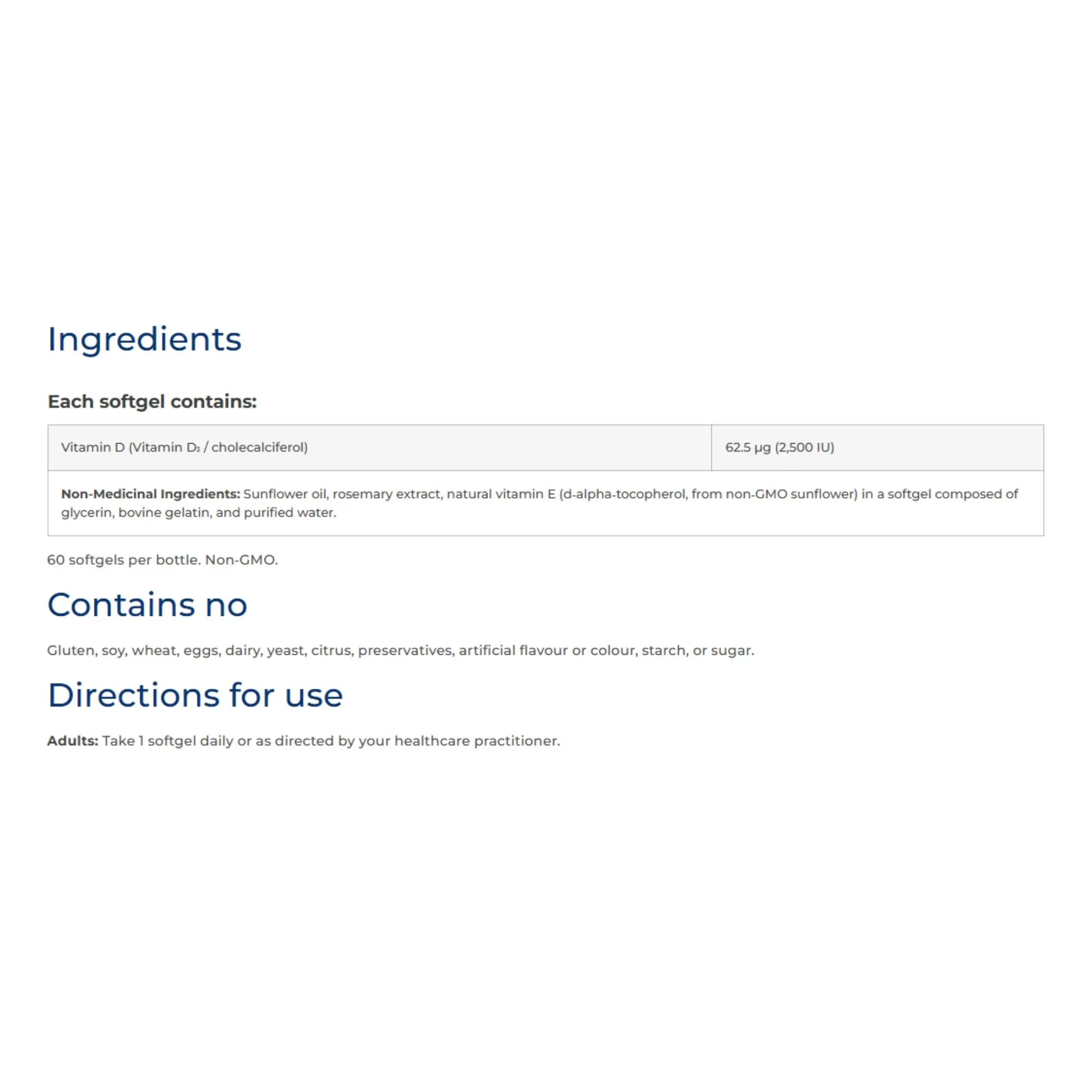 NFH Vitamin D3 SAP 2500IU 180 Capsules - Nature's Source Inc