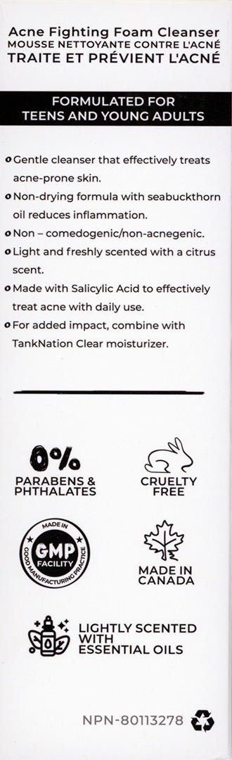 Tank Nation Acne Fighting Foam Cleanser Face Wash 100ml - Gentle Cleanser That Effectively Treats Acne-Prone Skin, Reduces Inflammation, Freshly Scented With a Citrus Scent