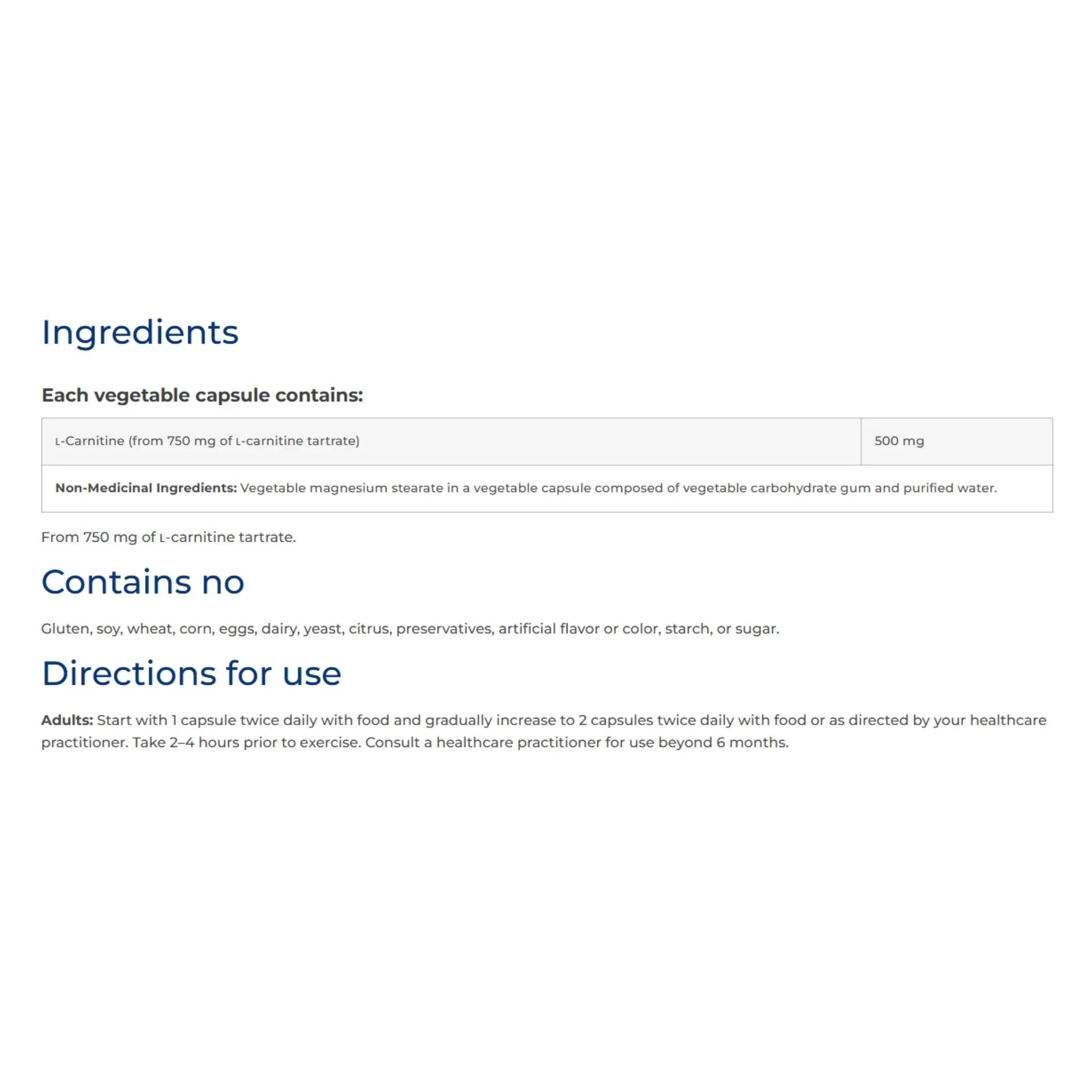 NFH L - Carnitine Tartrate SAP 90 capsules - Nature's Source Inc