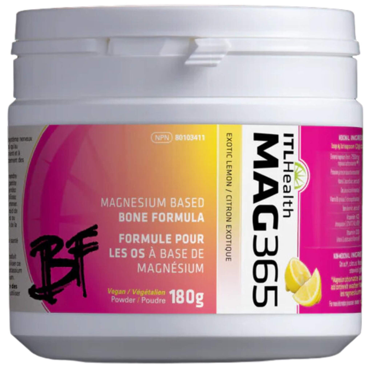 ITL Health MAG365 Magnesium BF Exotic Lemon 180g - Support Strong Bones and Active Living, Promote Heart Health Naturally, Strengthen Natural Defenses with Vitamin C, Encourage Balance and Inner Calm