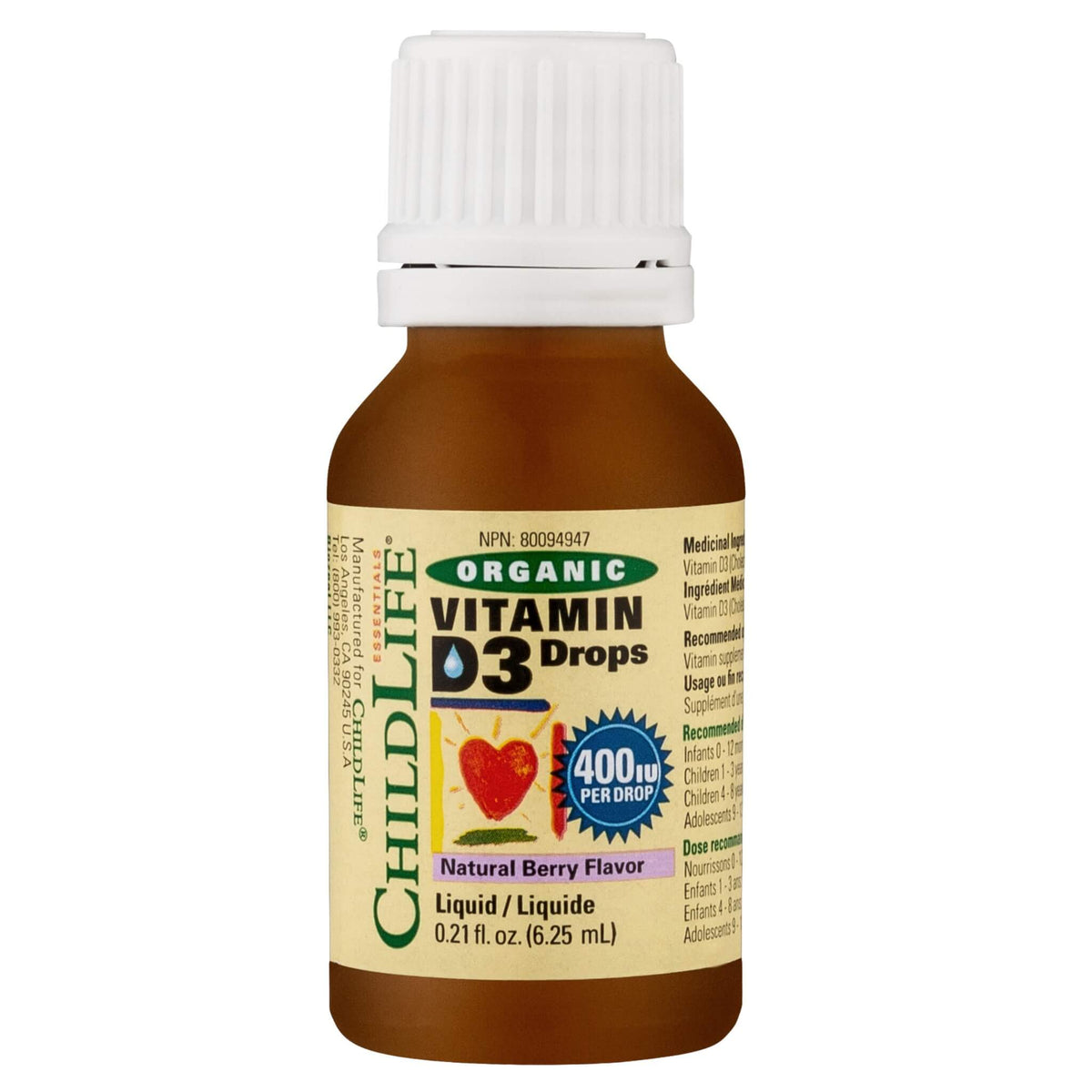 ChildLife Essentials Organic Vitamin D3 Drops Natural Berry Flavour 6.25ml -  Support Immune System Of Children, Helps Maintain Bone Health, Promotes Heart Health, Provide Proper Vitamin D Levels