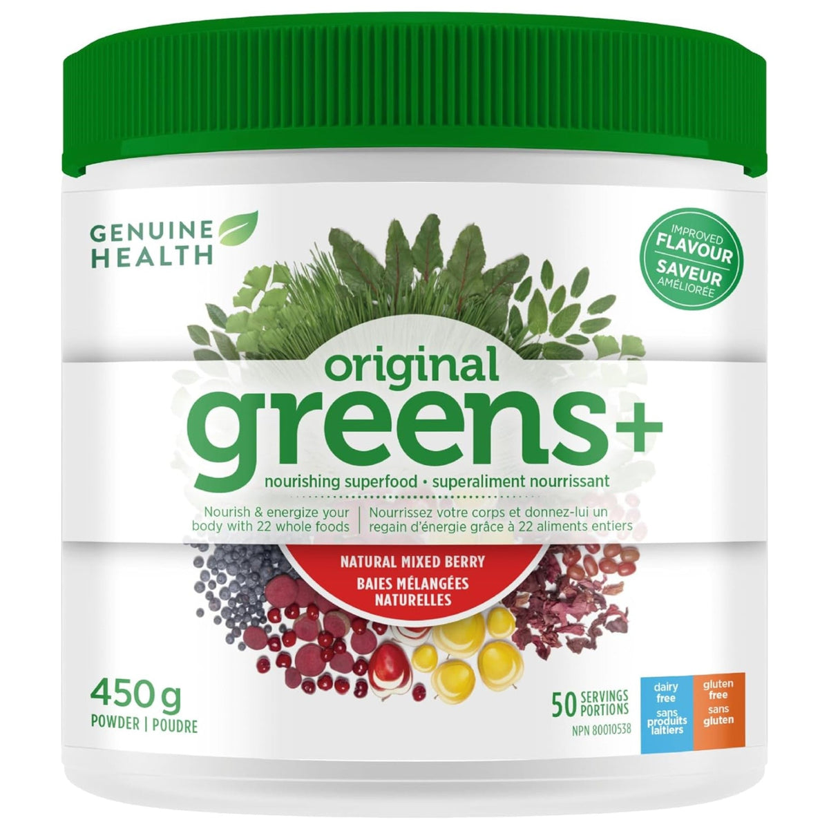 Genuine Health Greens + Mixed Berry 450g - Boost Nutritional Intake, Energy, and Vitality, Support Anti-Aging and Bone Support Through the Production of Osteoblasts