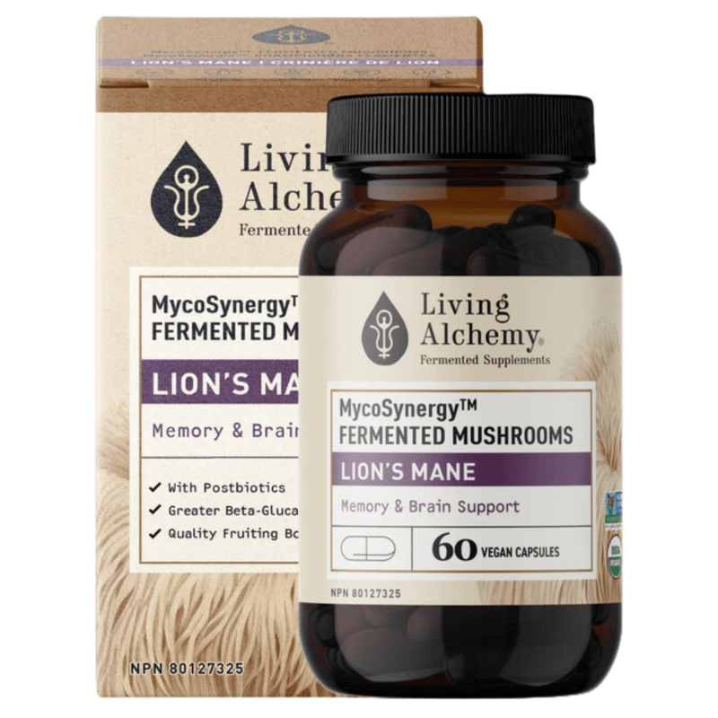 Living Alchemy MycoSynergy Fermented Mushrooms Lions Mane 60 Vegan Capsules - Aids In Brain And Cognitive Function, Supports Healthy Immune Function, Relieves Daily Stress, Activates Nerve Cell Regeneration