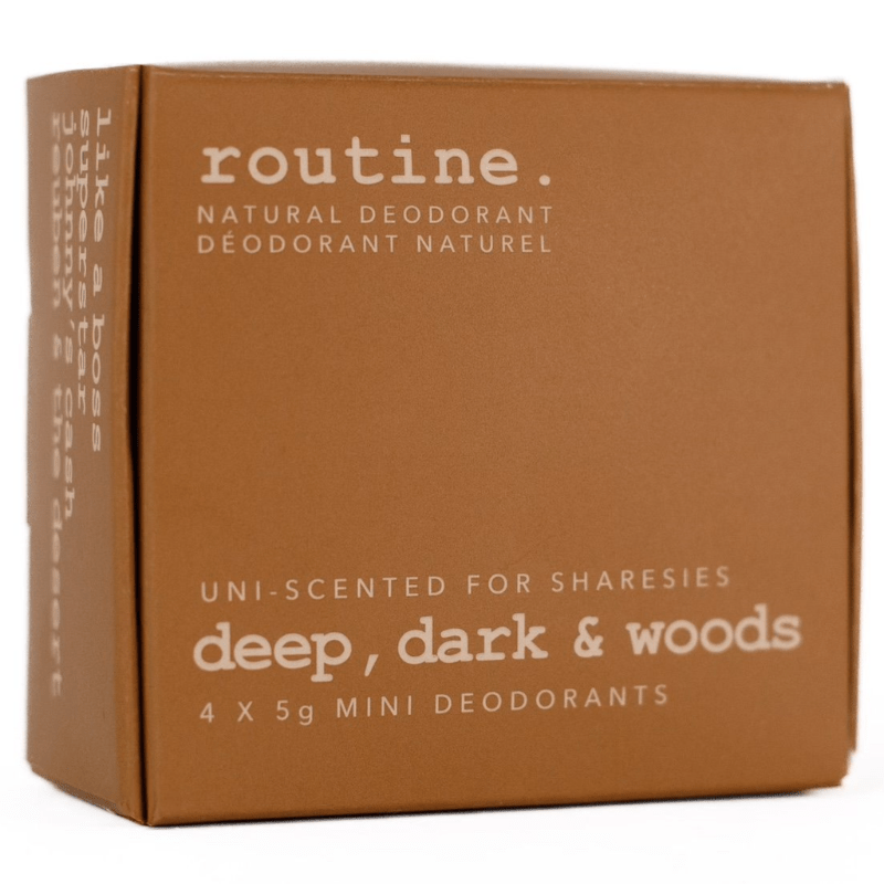 Routine Deodorant Deep, Dark & Woods Minis Kit 4x5g - Uni-Scented For Sharesies, Includes Mini Each of: Like a Boss, Superstar, Johnny's Cash and Reuben & The Dark & Stormy