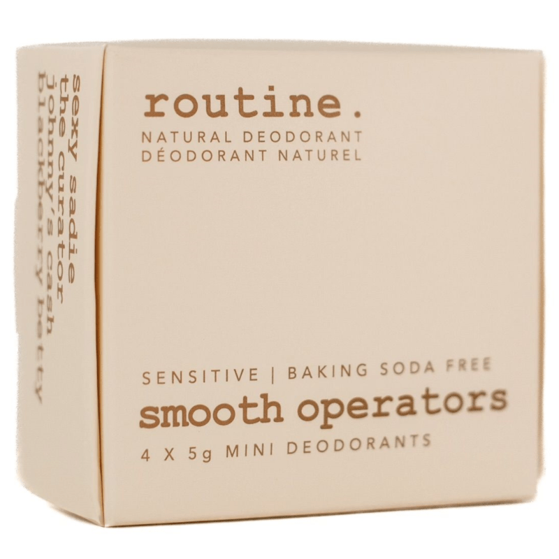 Routine Smooth Operators Deodorant Minis Kit 4x5g - Four 5g Minis in Adorable Kit, Includes Mini Each of Baking Soda Free (BSF): Sexy Sadie, The Curator, Blackberry Betty and Johnny's Cash