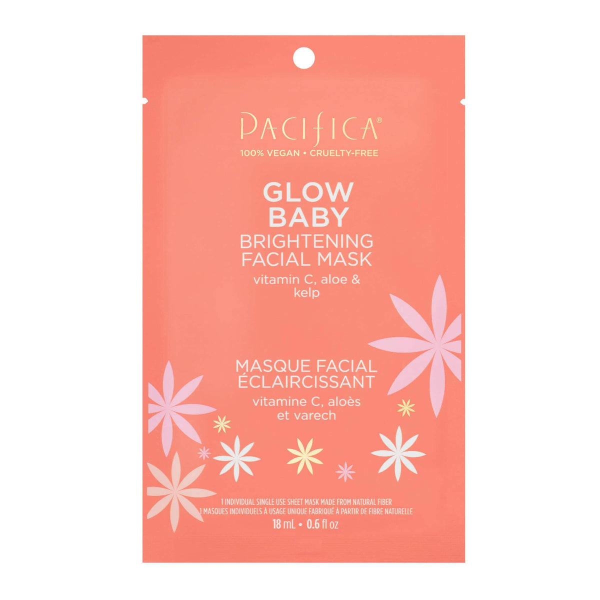 Pacifica Glow Baby Brightening Facial Mask 18ml - Brightening Serum-soaked Sheet Mask Made With Natural Microfibers to Help Instantly Brighten and Hydrate
