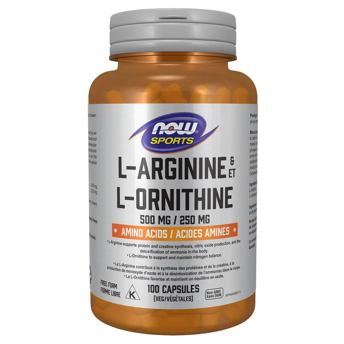 NOW L-Arginine 500mg L-Ornithine 250mg 100 Vegetable Capsules