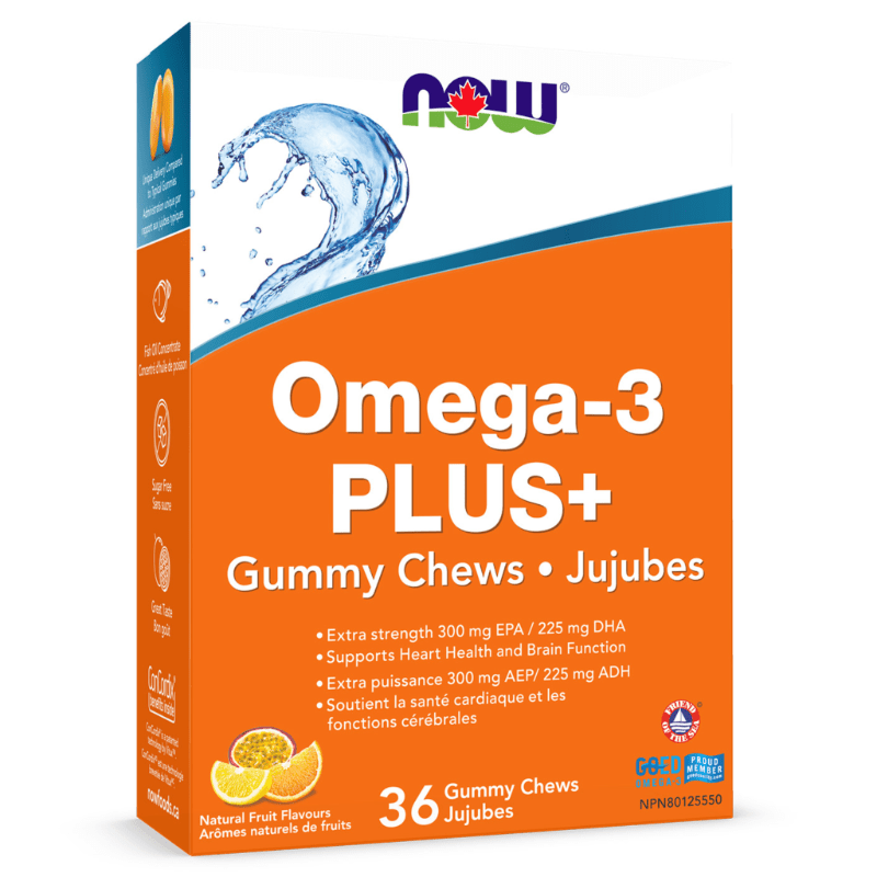 NOW Omega-3 PLUS+ Natural Fruit Flavours 36 Gummy Chews - Supports Heart Health And Brain Function, Molecular Distilled Triglyceride Form For Improved Absorption, Naturally Sweetened With Xylitol And Stevia