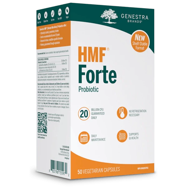 Genestra Brands HMF Forte Shelf Stable 50 Vegan Capsules - Human Strain Probiotic to Support Intestinal Health, Promotes Daily Gastrointestinal Health
