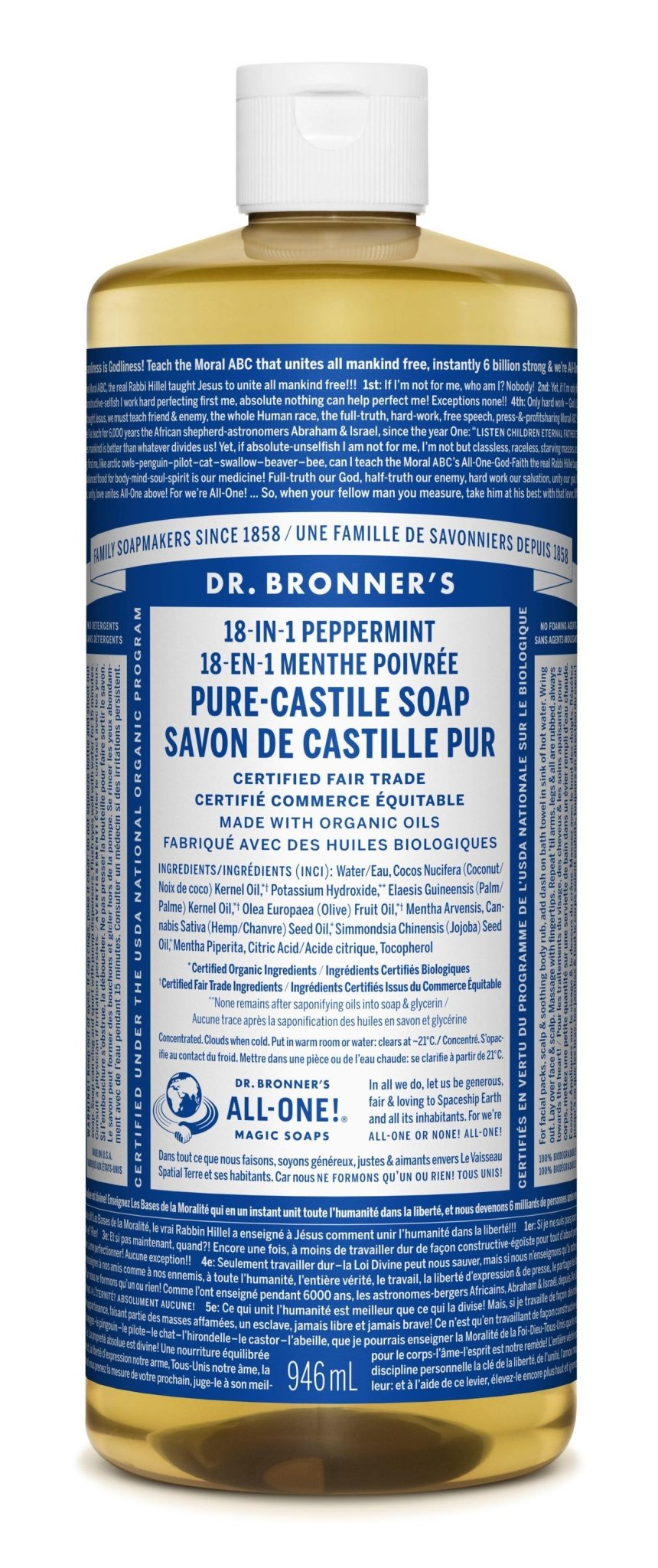 Dr. Bronner's Pure Castile Soap Peppermint 946ml - Scented With Organic Peppermint Essential Oil, Promotes Cool Skin, Clear Sinuses And Sharpens The Mind, Made With Organic And Certified Fair Trade Ingredients - Nature's Source Inc