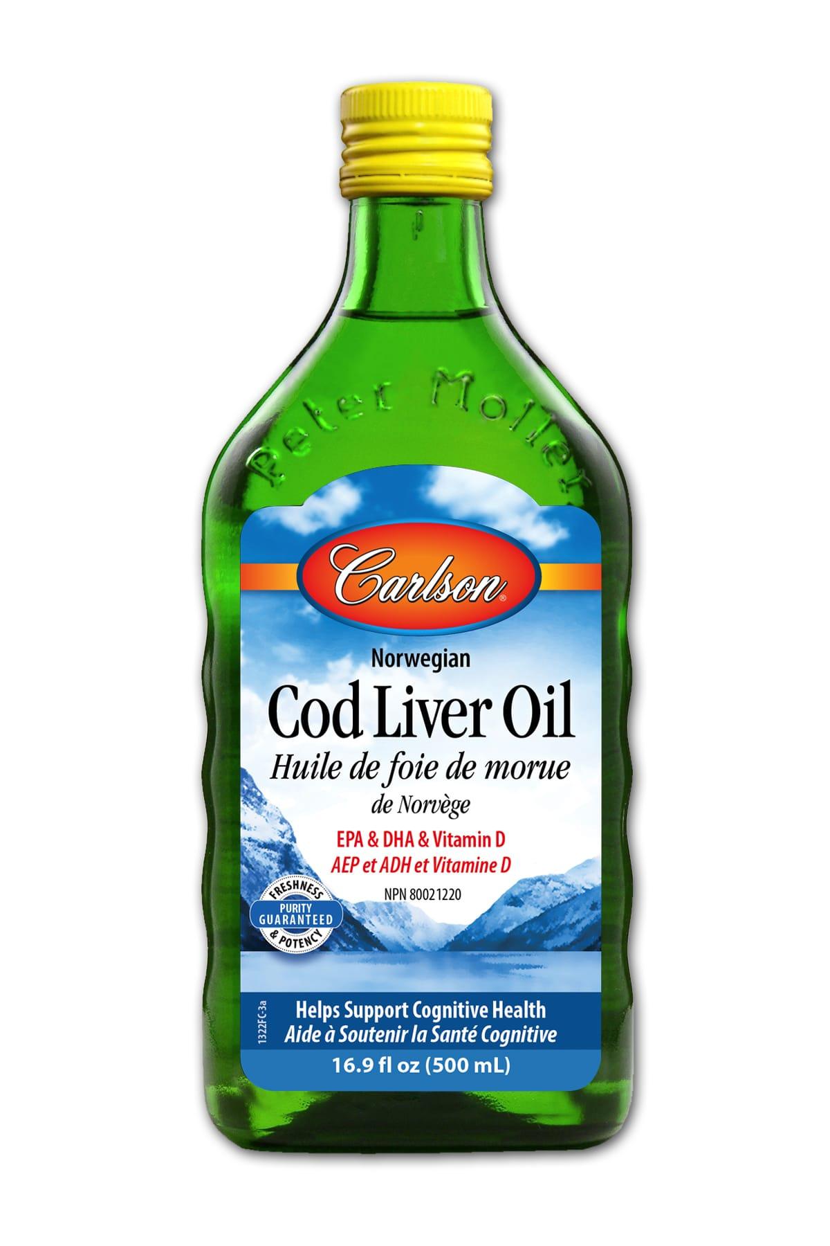 Carlson Cod Liver Oil Natural 500ml - Helps Support Cognitive Health, Maintain Eyesight, Skin Membrane, Immune Function, Provides Vitamins A and D - Nature's Source Inc