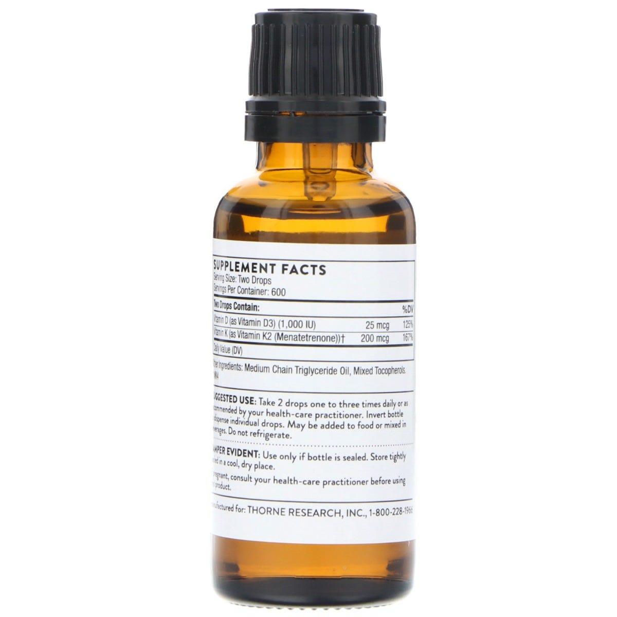 Thorne Vitamin D - K2 Liquid 30ml 1 fl oz - Nature's Source Inc