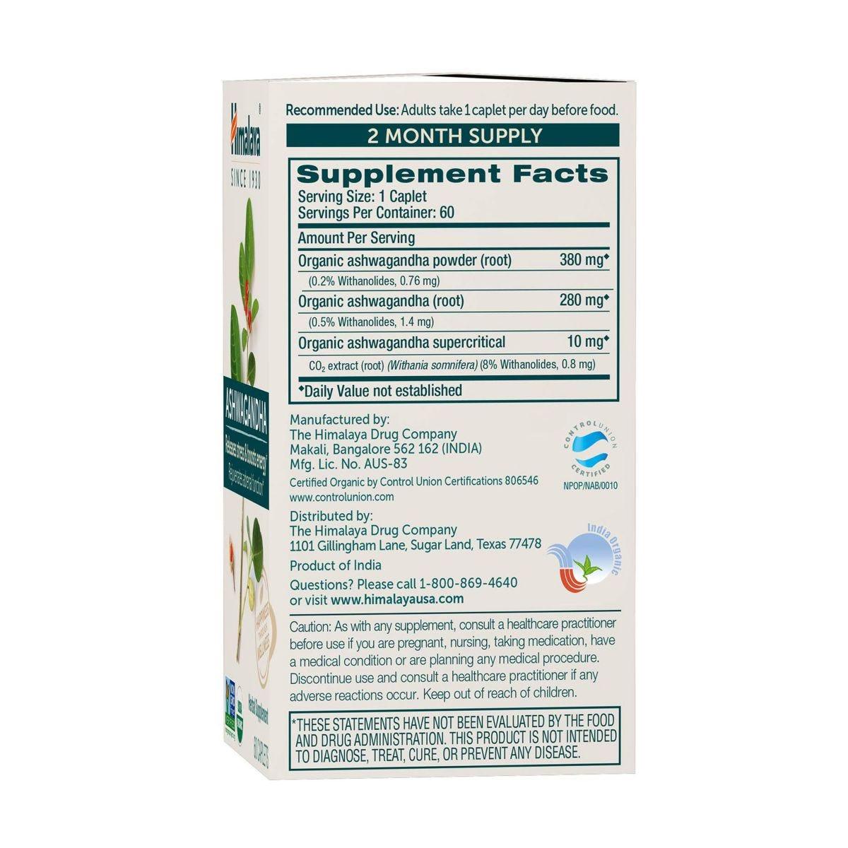Himalaya Ashwagandha, 60 Caplets - Rejuvenates Adrenal Function, Releases Stress and Boosts Energy, USDA Certified Organic, Non - GMO, Gluten Free Supplement, 2 Month Supply - Nature's Source Inc