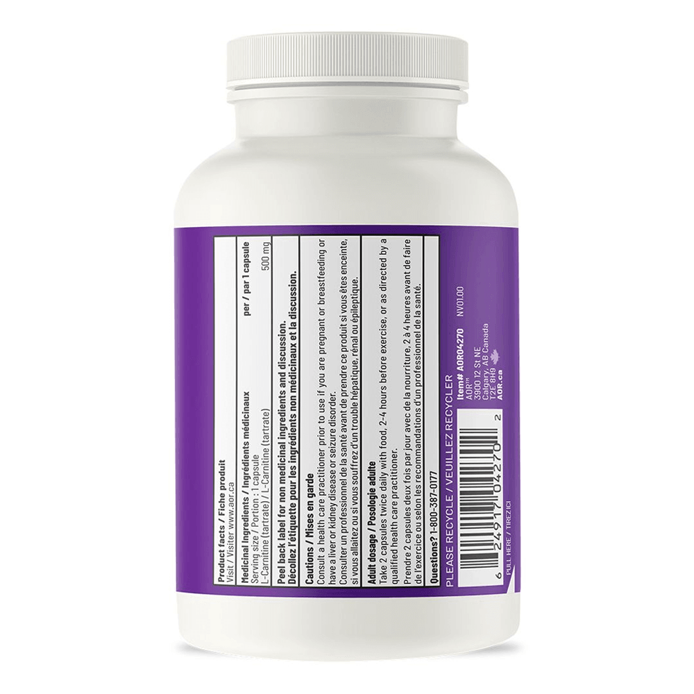 AOR L - Carnitine 120 Vegan Capsules - Supports Fat Metabolism & Muscle Tissue Repair, Recovery on Athletic Performance, Delay Fatigue During Physical Activity - Nature's Source Inc