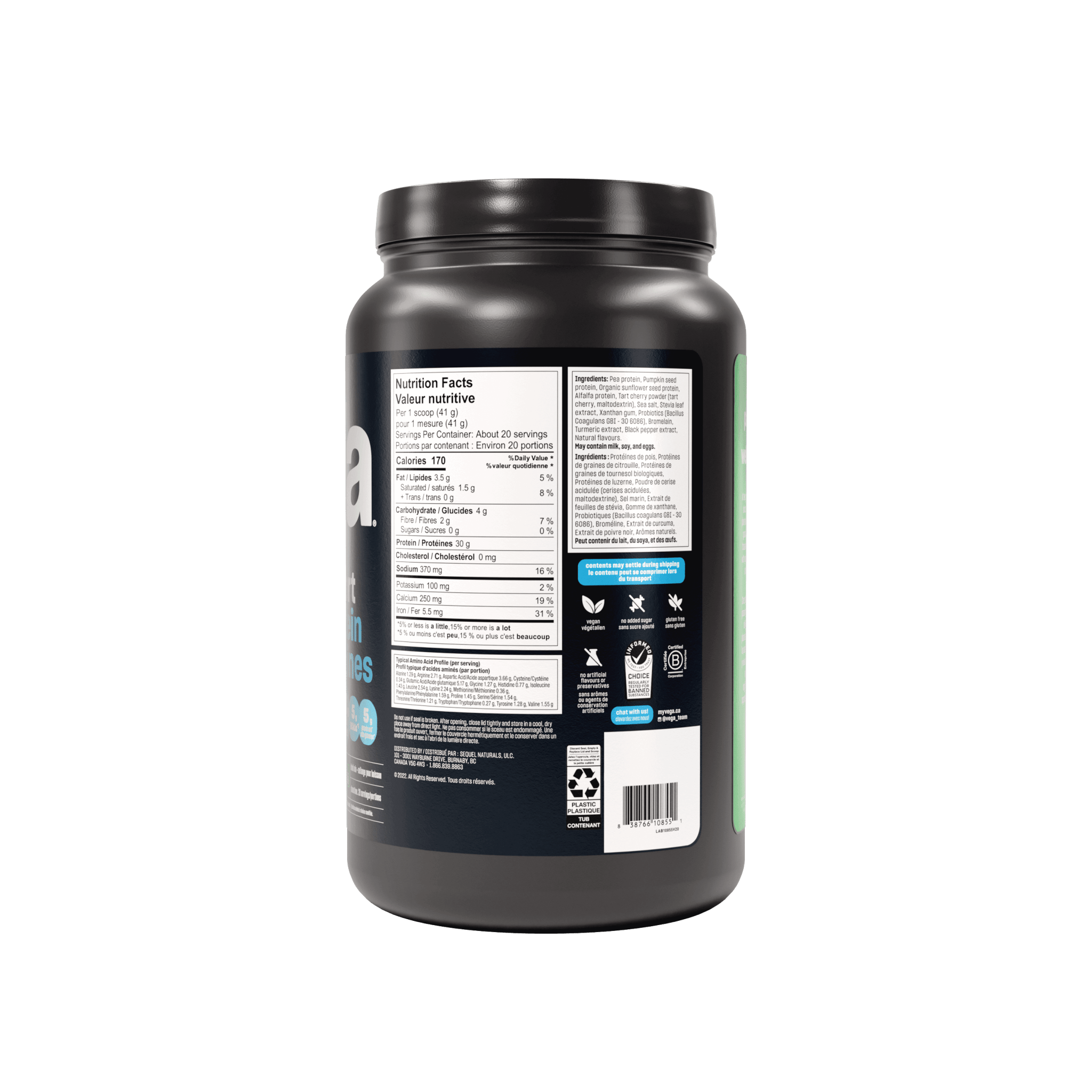 Vega Plant - Based Sport Protein Powder Vanilla 828g, 20 Servings - Amino Acid Tryptophan, Keto Friendly, Gluten Free, Non GMO Probiotics for Women and Men - Nature's Source Inc